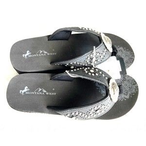 MONTANA WEST BLACK FLIP FLOPS SANDALS BLING RHINESTONE STUDDED SIZE 11 WEDGE